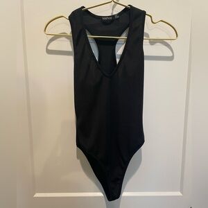 Black Ribbed V Neck Racerback Bodysuit
